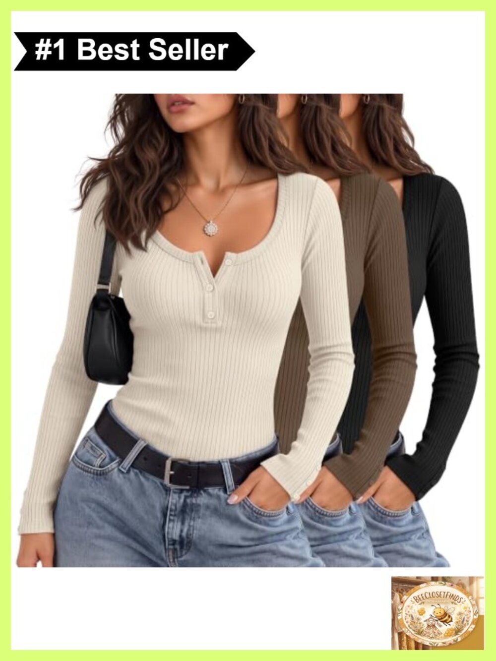 3 Pack Women's Long Sleeve Henley Ribbed Fitted Tops Fall Layering Shirts